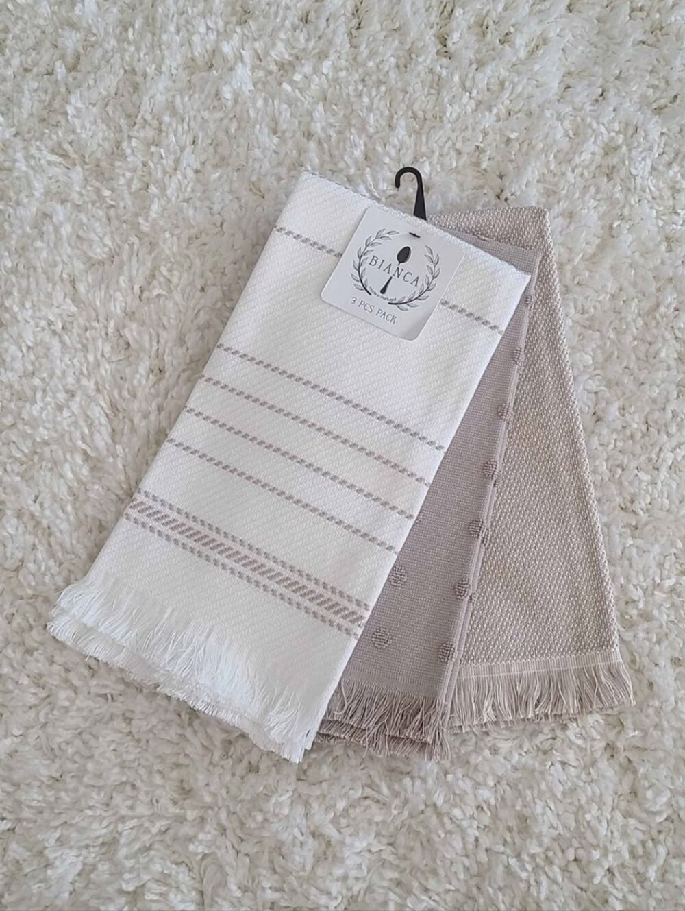 Set of 3 Neutral Fringed Summer Kitchen Towels